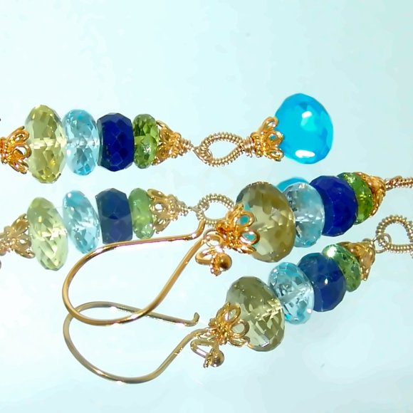 Apatite Lemon  Blue Topaz Lapis Lazuli Peridot Gemstone Sterling Earrings - Picture 2 of 7